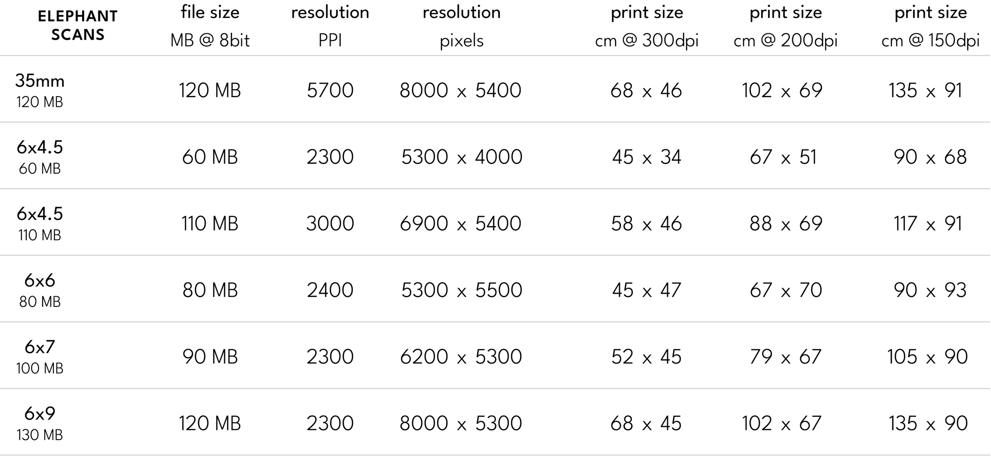 Elephant scan sizes table
